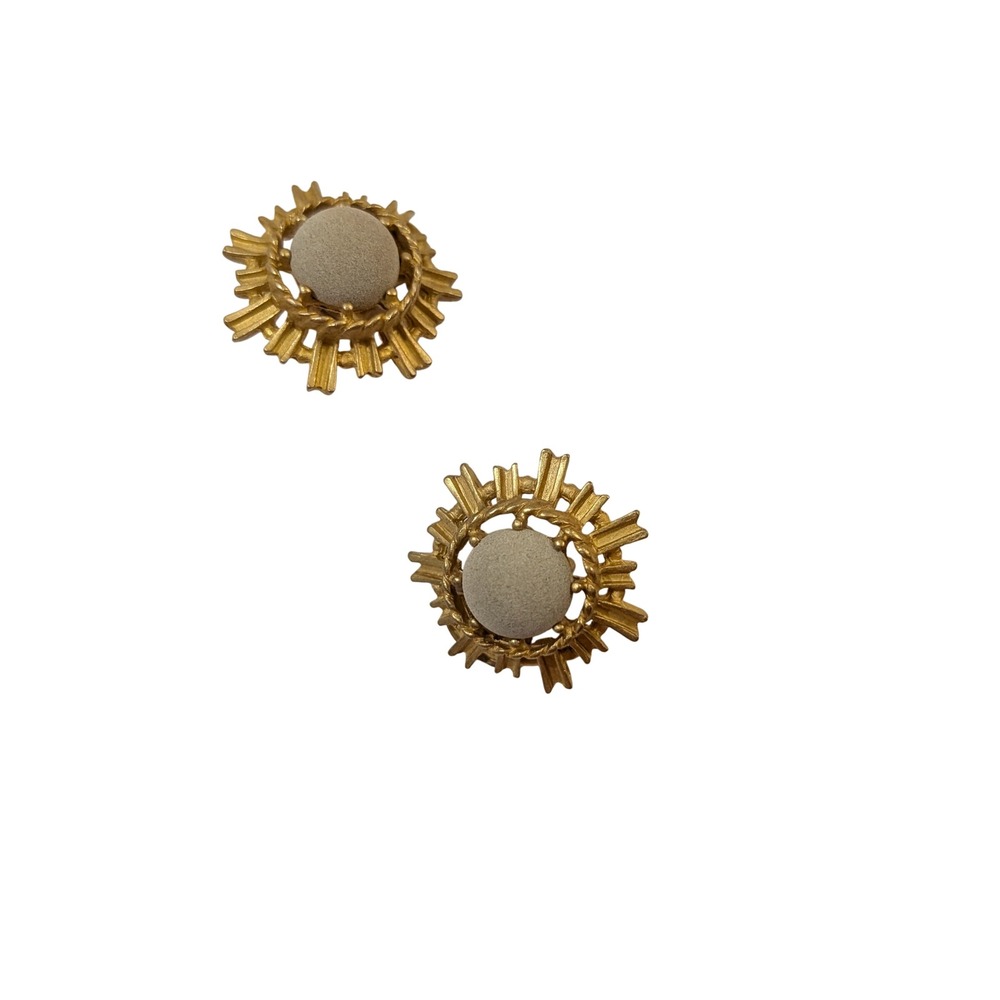 Vintage Gold Tone Sunburst Clip On Earrings Grey Cabochon Starburst Mid Century